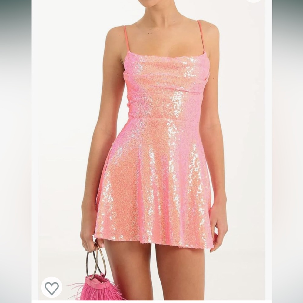 Sparkle Sequin Mini Dress Spaghetti Strap Backless Skater Pink Large